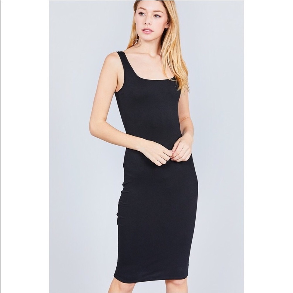 Black Square Neck Ribbed Midi Dress